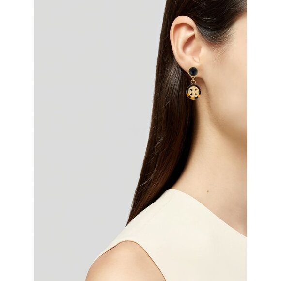 Tory Burch Tortoise Shell Logo Drop Earrings Gold OS - Picture 6 of 8